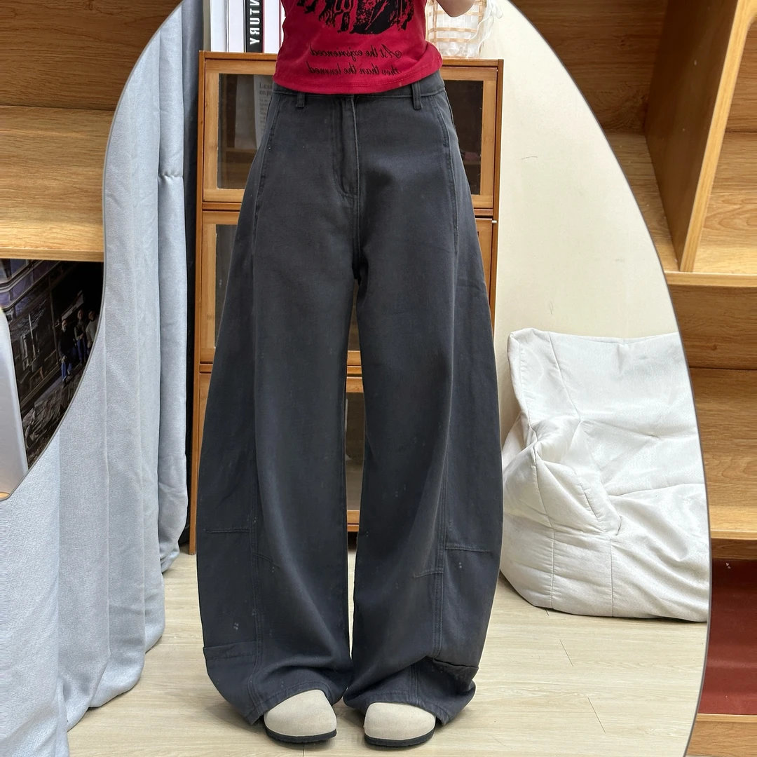 陆笙好阔腿裤纯色高腰潮工装牛仔裤显瘦水洗休闲裤宽松常规款复古