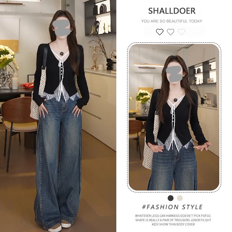 欧货蕾丝拼接假两件长袖t恤女2026春秋新款时尚百搭修身打底上衣