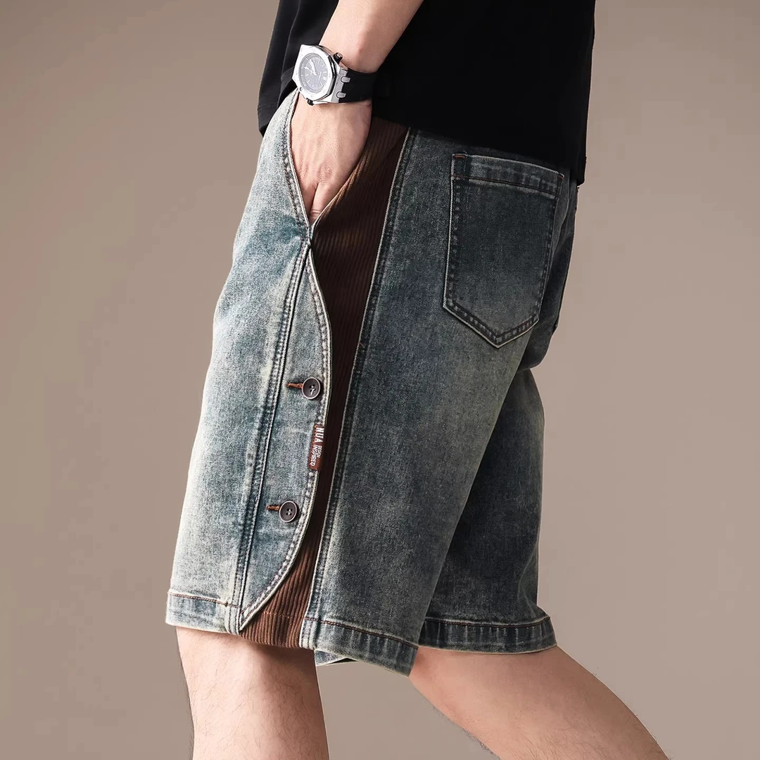 U&PURA复古重磅牛仔短裤男夏季新款宽松直筒洗水拼接休闲五分裤