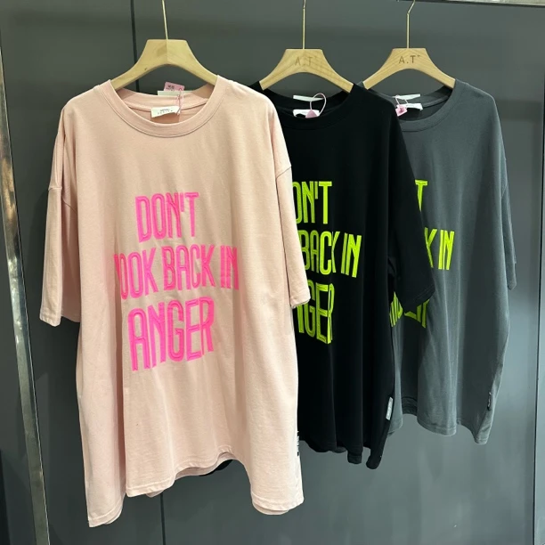 （老三）韩版上衣百搭潮流短袖半袖字母印花中长款简约T恤大版休闲