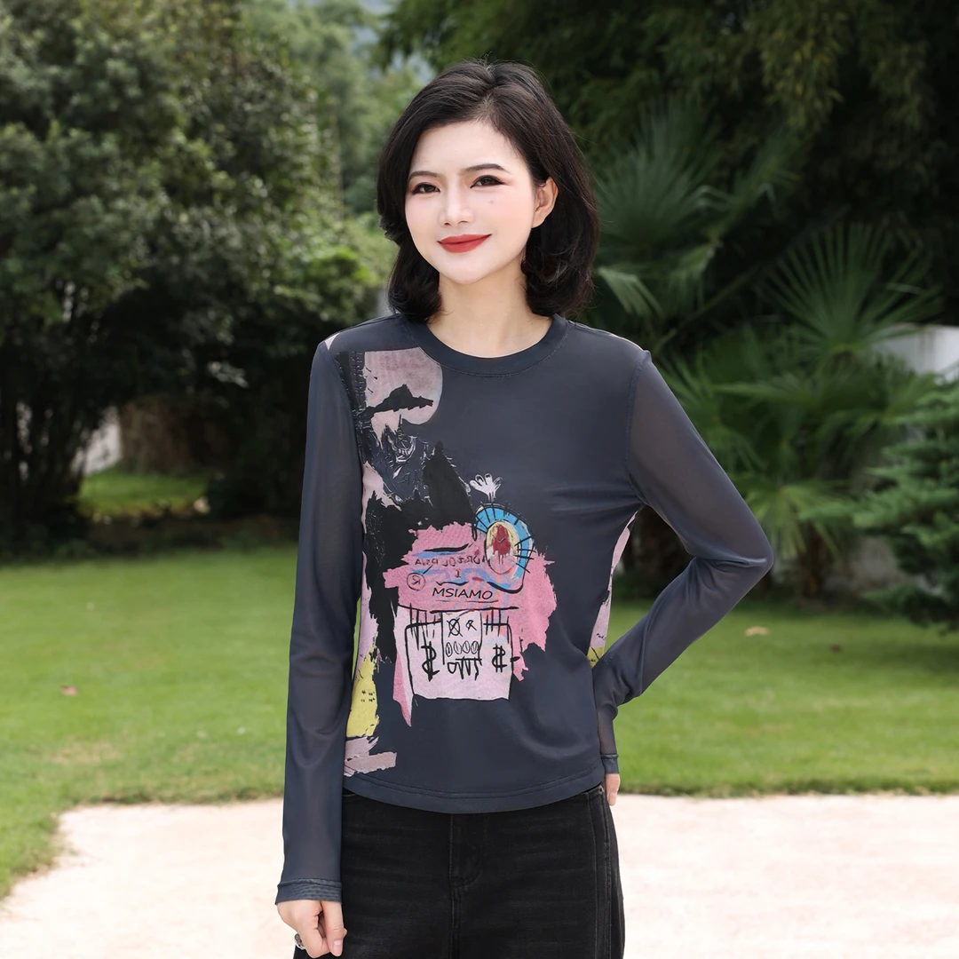 枫竺阿楠anan 街头画报 圆领正肩定位花弹力双层网纱短袖T恤上衣