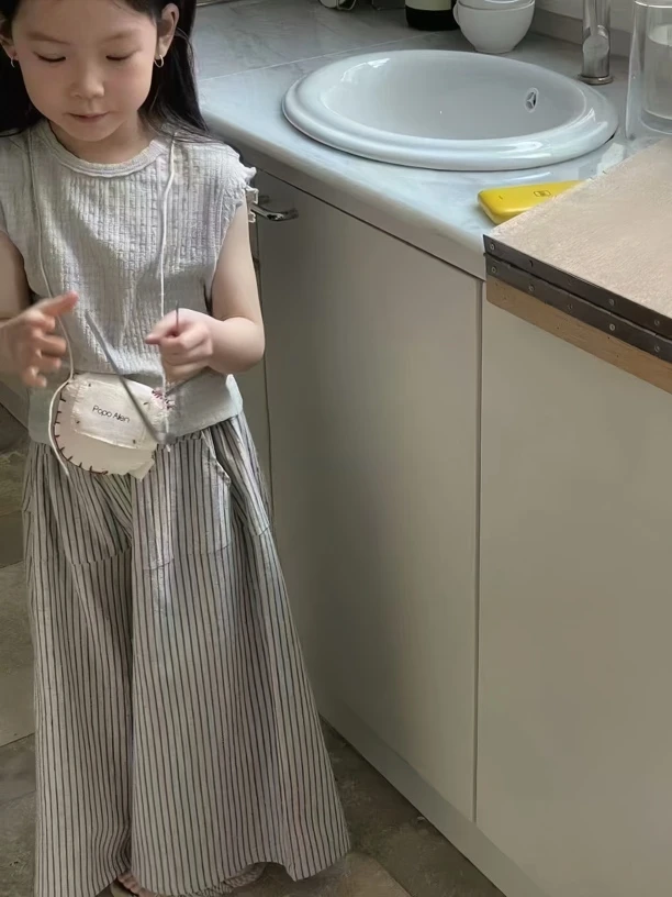 女童洋气休闲套装2025夏季新款宝宝韩版时髦背心条纹阔腿裤两件套