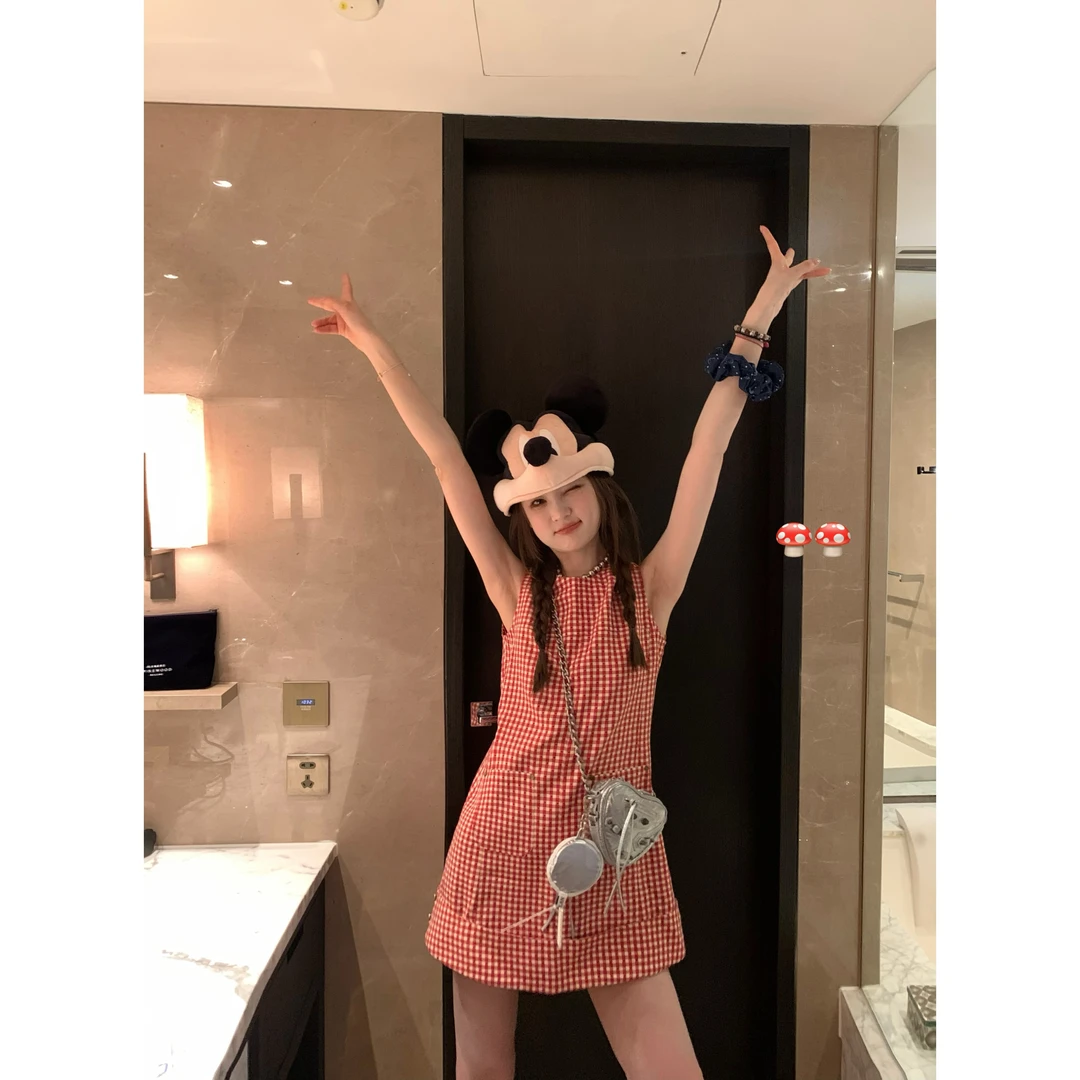 【肖肖专属】夏季红格背心裙碎花无袖气质连衣裙短裙8019