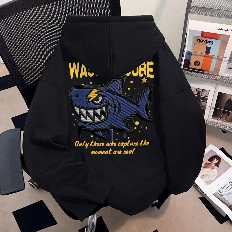 WASSUP HSUBE趣味潮流鲨鱼套头连帽情侣卫衣美式重磅宽松上衣chic