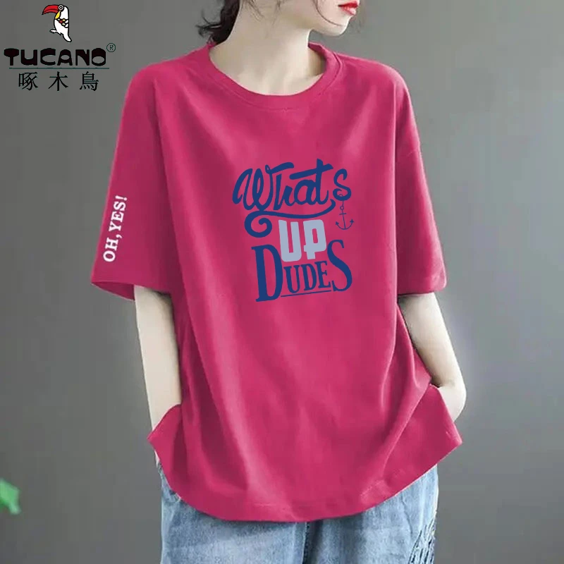 啄木鸟高品质纯棉新款韩版夏季短袖t恤女圆领休闲百搭体恤中年潮