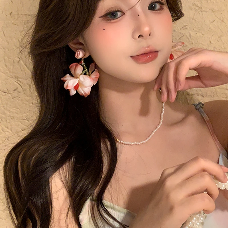 铜合金耳饰 烈焰玫瑰~花朵流苏耳环女2025新款甜美耳钉度假风耳饰