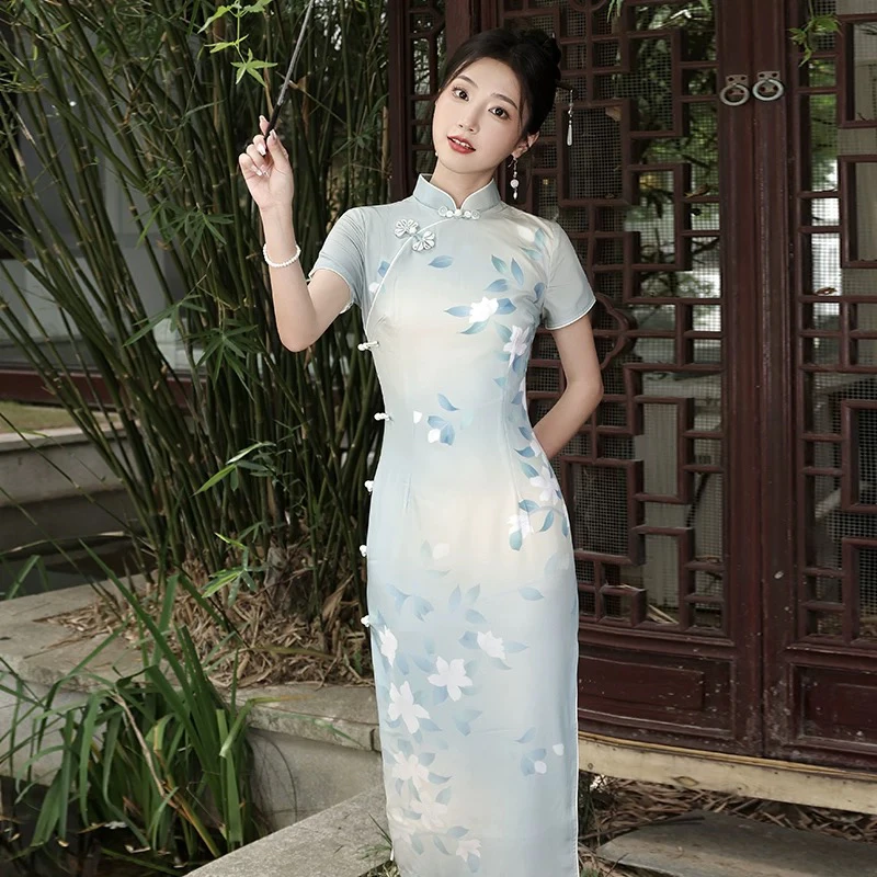 〖复古印花237〗倩倩年轻款春秋长袖新中式日常中国风苏州旗袍