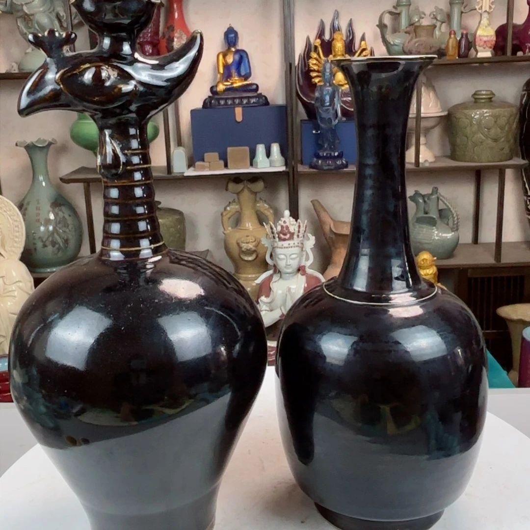 摆件定窑乌金釉两件一起