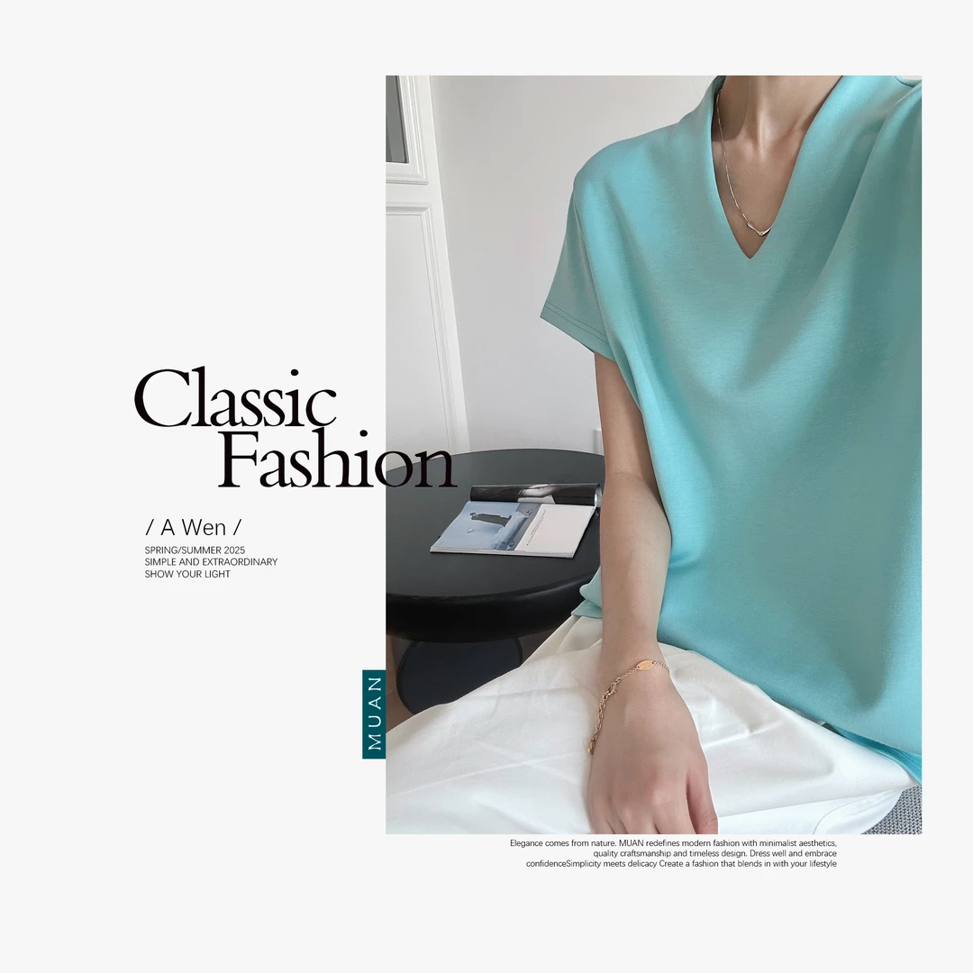 木岸MUAN：《假日T》“假日系列”定制V领小飞袖T恤上衣打底女JD-8285