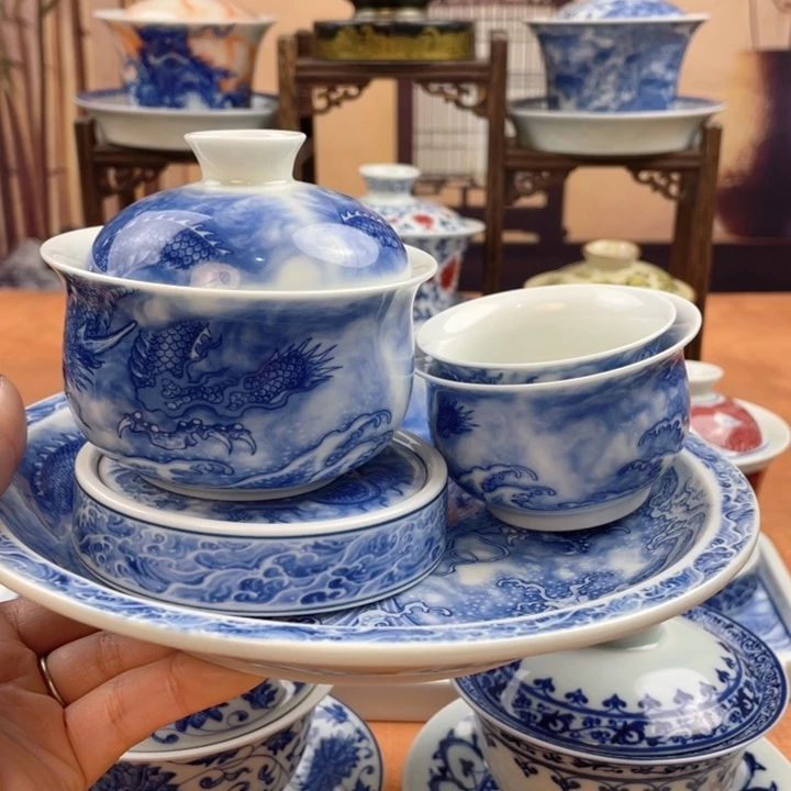 摆件青花龙吸水五件套