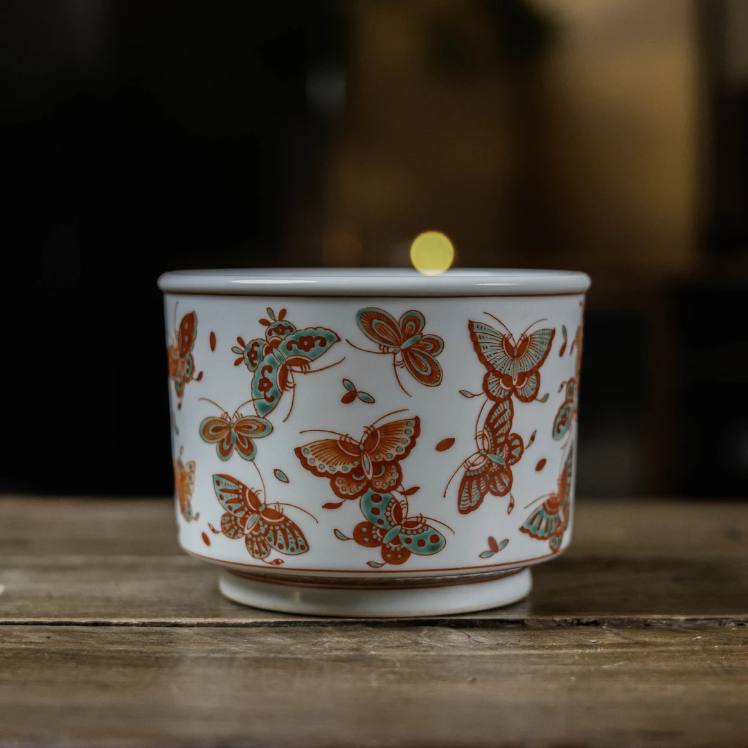 【网瓷专属】红绿彩蝴蝶水洗建水(翁宿底款)(翁宿S0200)