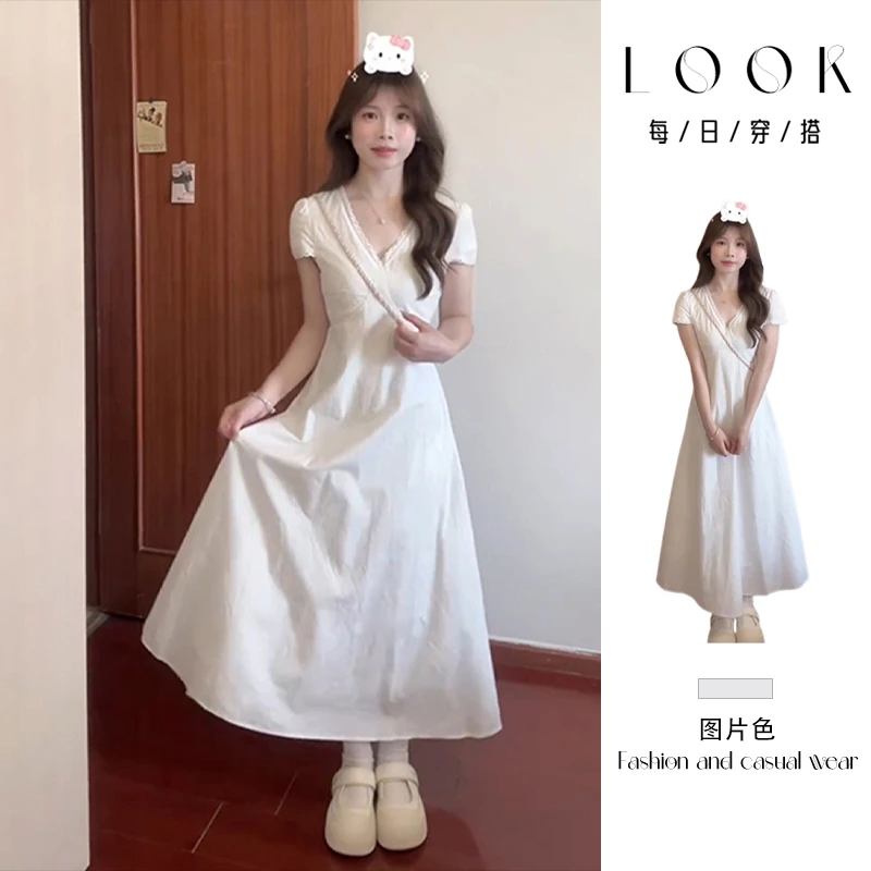 2025年新款法式气质夏季白色连衣裙长款小个子知性风温柔女装裙子