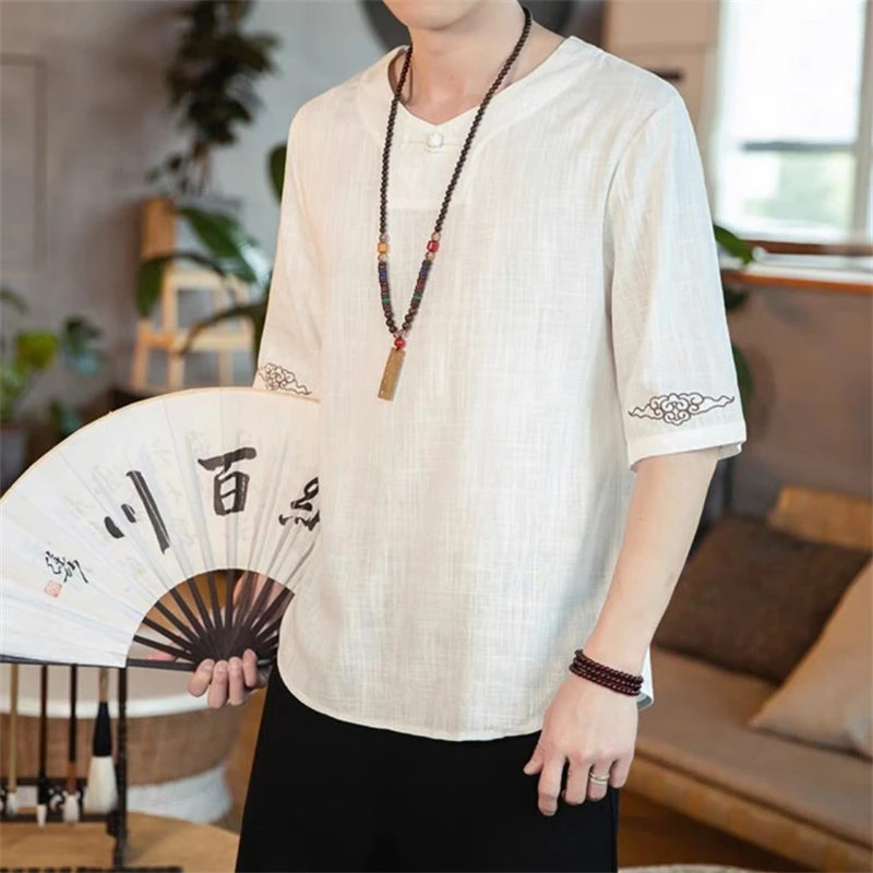 25D4C4中国风亚麻短袖t恤新中式复古风盘扣刺绣体恤垂感半袖上衣