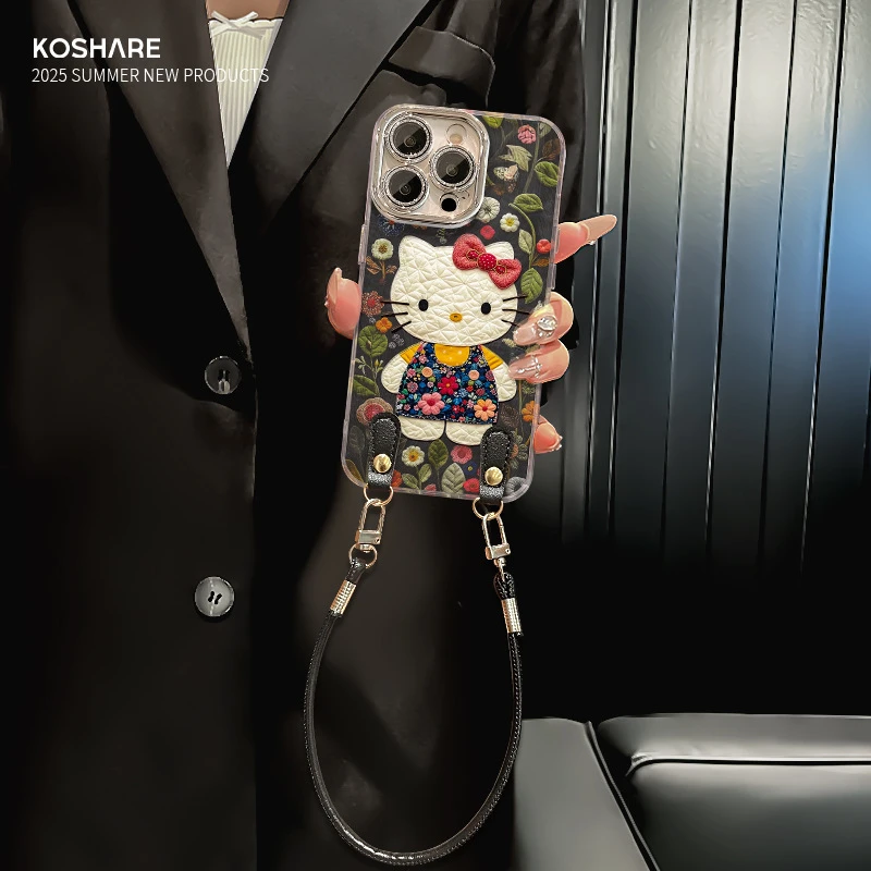 碎花kt猫挂绳适用15promax手机壳iphone17羽纱16可爱13新女款