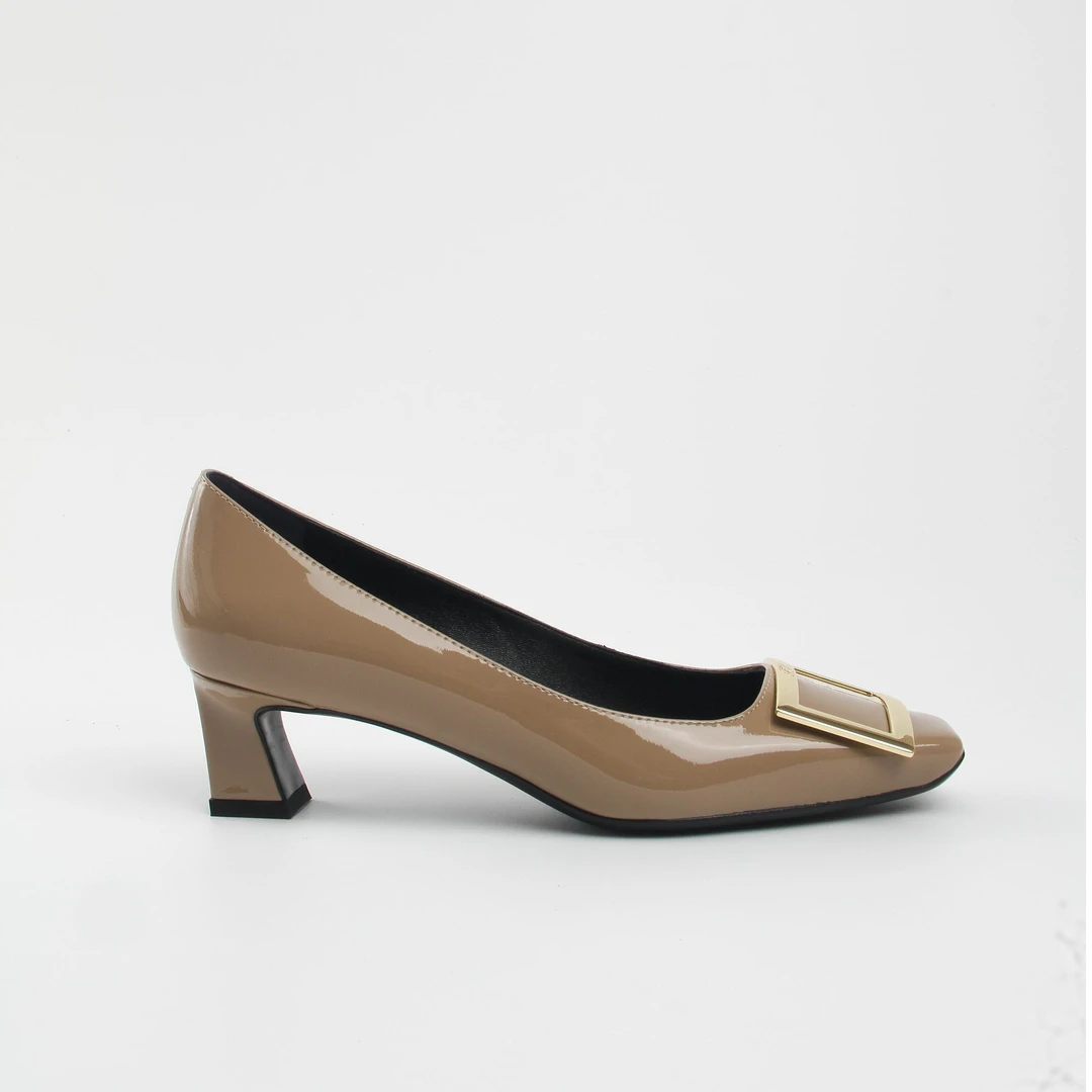 RV经典款中跟马蹄跟欧美大牌风平替里外全真皮方扣方头女通勤单鞋