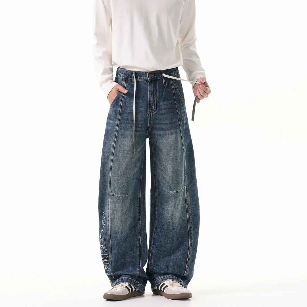 新款秋冬弯牛仔裤男美式水解构设计感抽绳阔腿裤