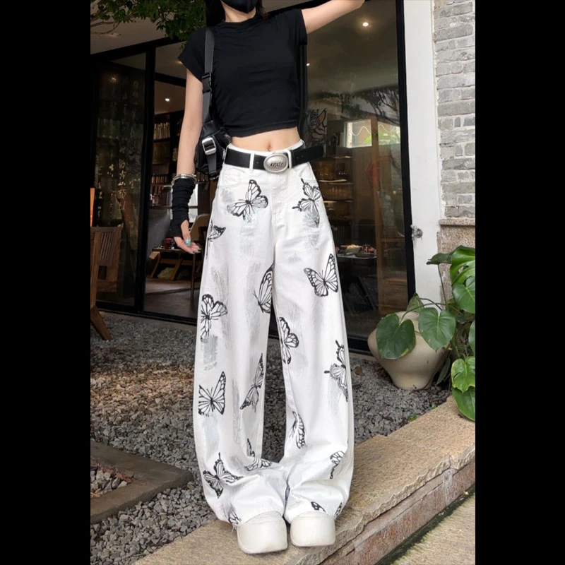 32239白色蝴蝶牛仔裤2025春夏新款高腰直筒宽松显瘦扎染休闲裤女