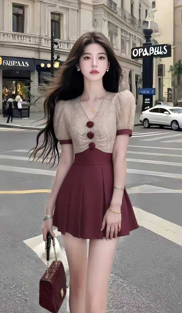 温柔甜美千金风V领设计感短袖连衣裙女高级不规则时尚贵气穿搭