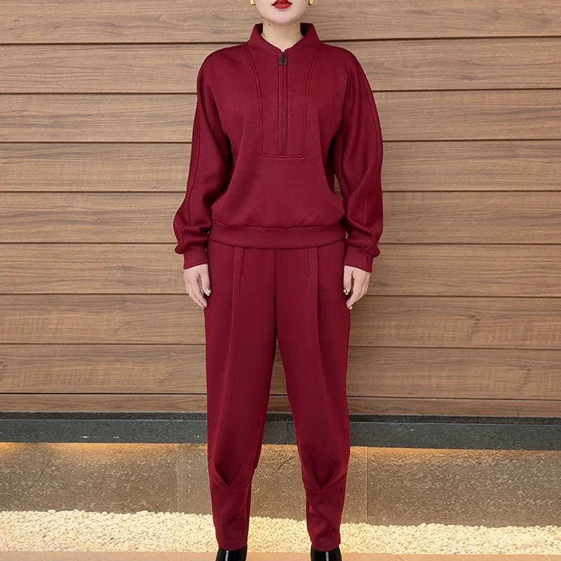 2025年春季新款加厚空气棉半拉链时尚洋气显瘦遮肉马蹄裤妈妈套装