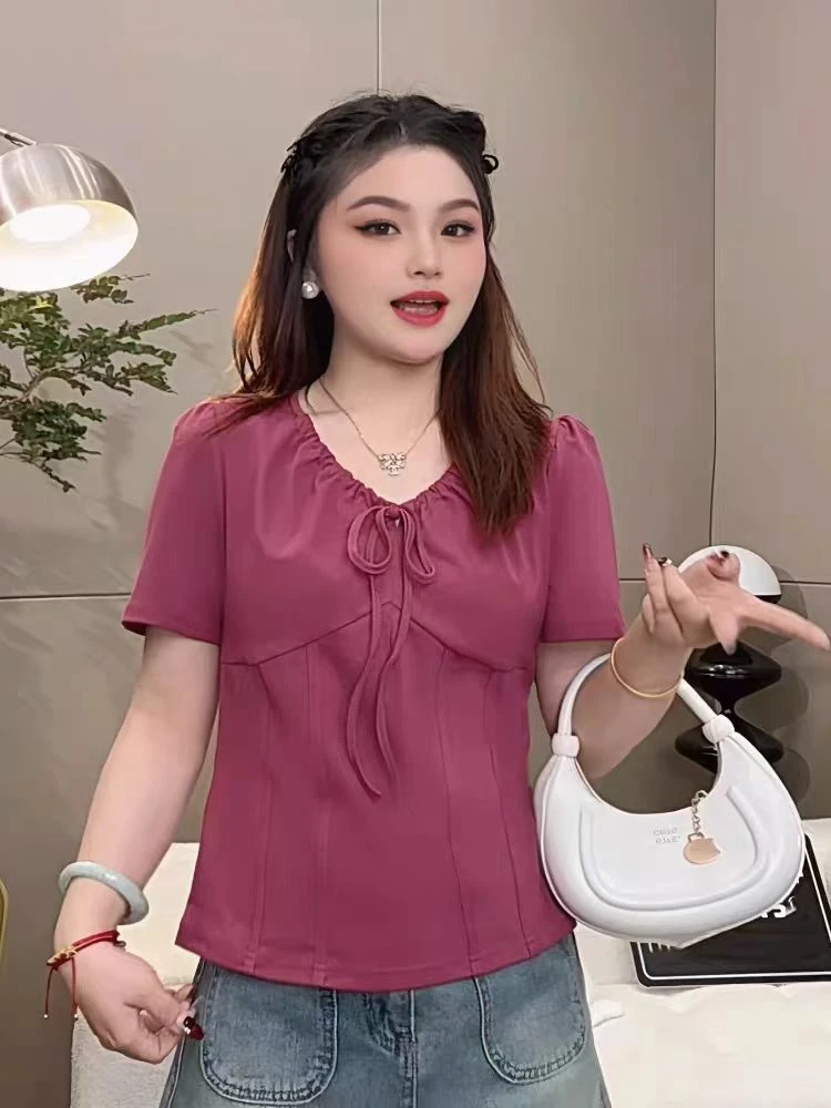 大码胖mm设计感短袖抽绳T恤女法式复古鱼骨遮肉修身显瘦短款上衣