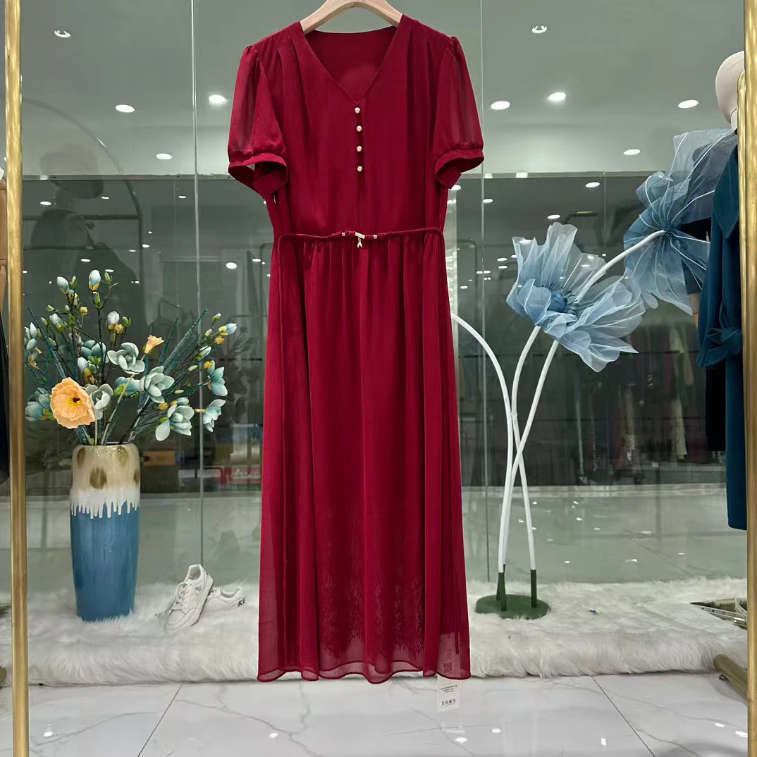 【HQ916】高端2025春季新时尚韩版A字修身中长裙雪纺短袖连衣裙