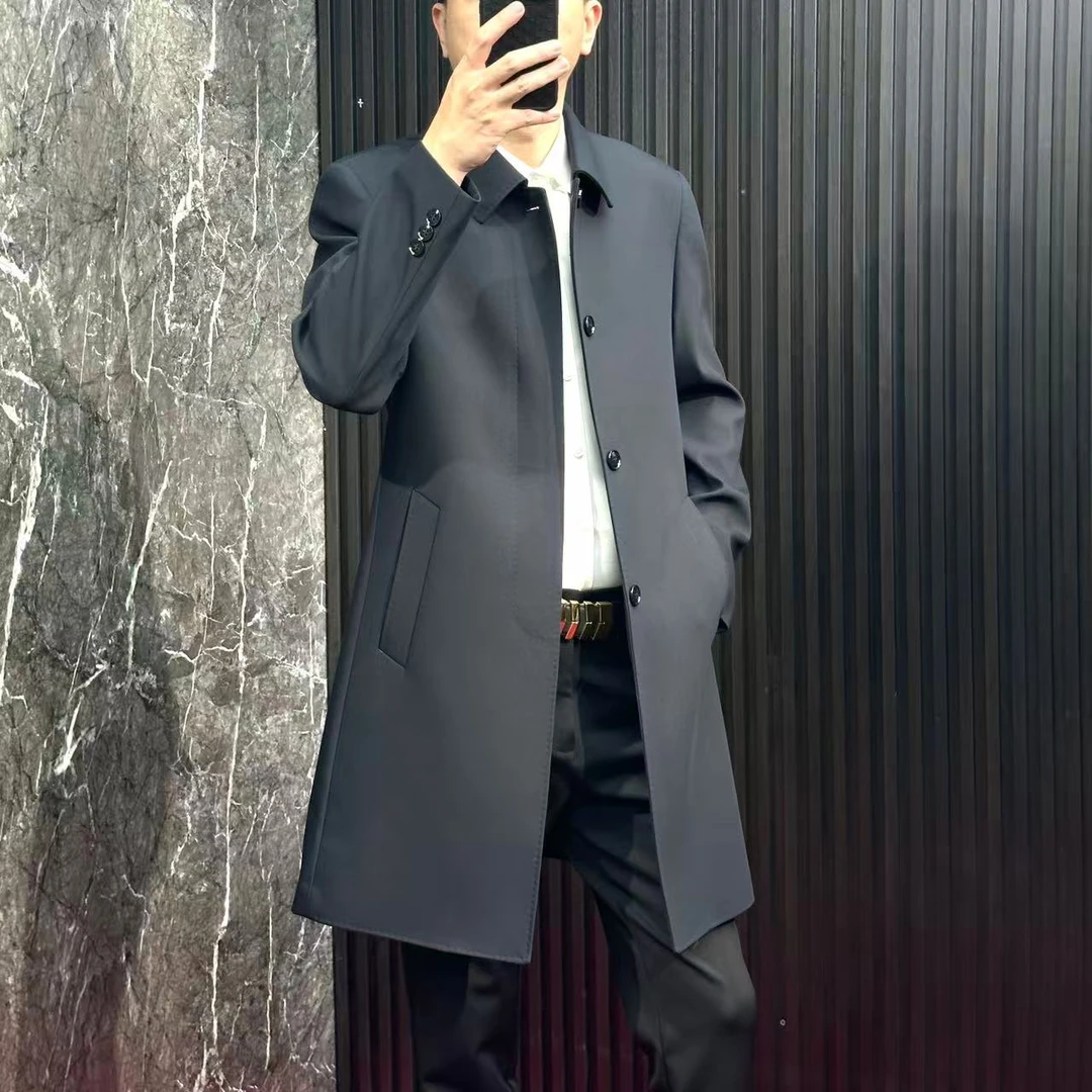 1188【长款商务行政正装风衣修身藏蓝色外套】秋冬男加厚大衣爸爸装