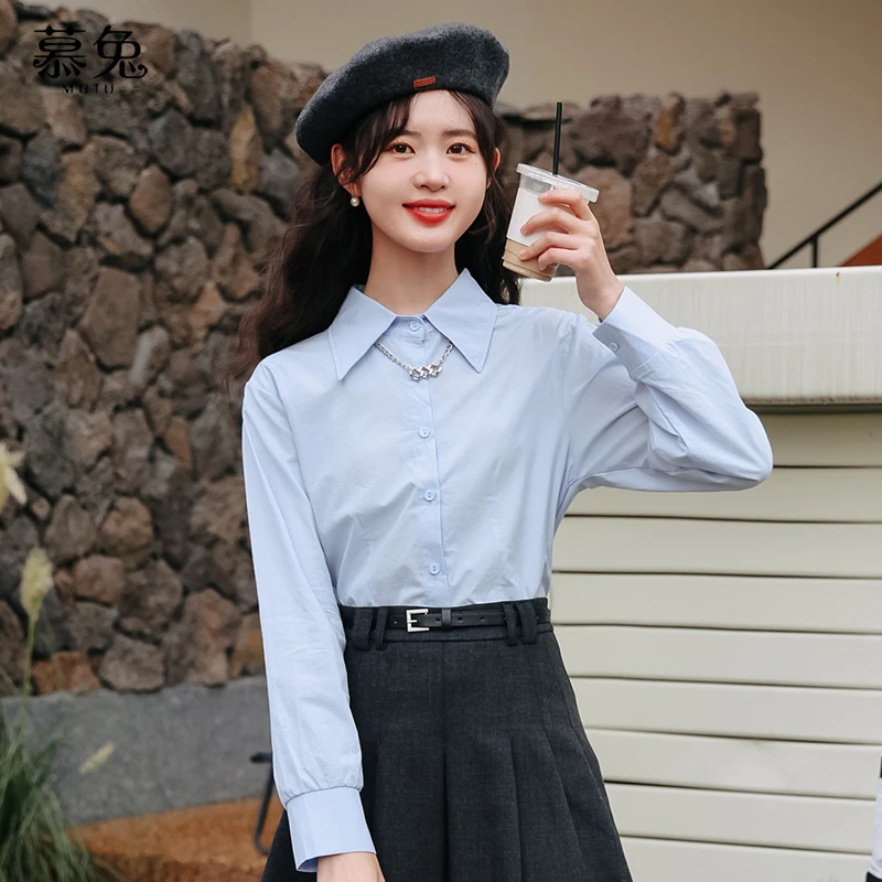 慕兔韩版小个子短款白衬衫女2024秋装新款别致独特设计感小众上衣