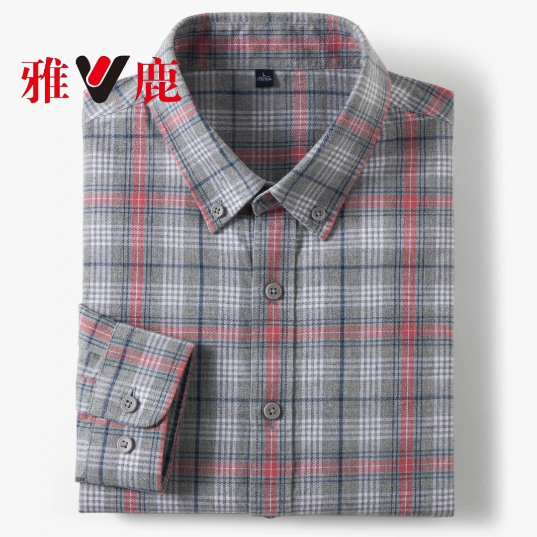 V/雅鹿雅鹿衬衫男长袖中青年外穿格子休闲通勤商务春秋季高端衬衣