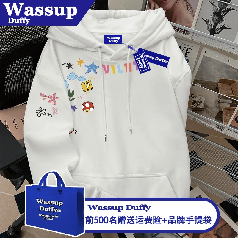 美式个性街头新款设计感花卉字母印花连帽卫衣男女秋冬季新款外套