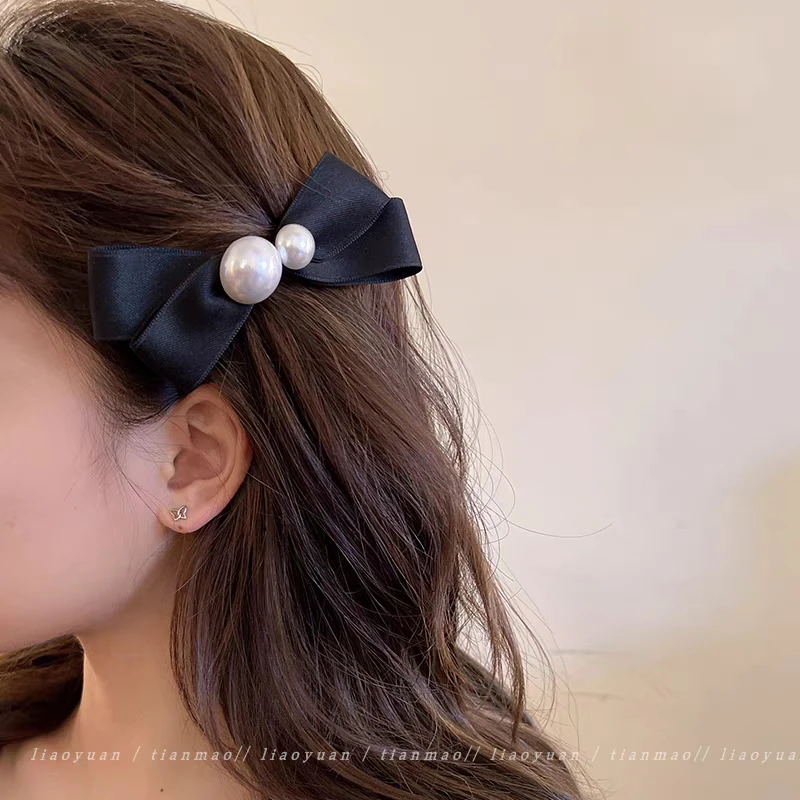 春夏黑色蝴蝶结发夹小号珠珠边夹鸭嘴夹头饰精致发饰百搭碎发卡