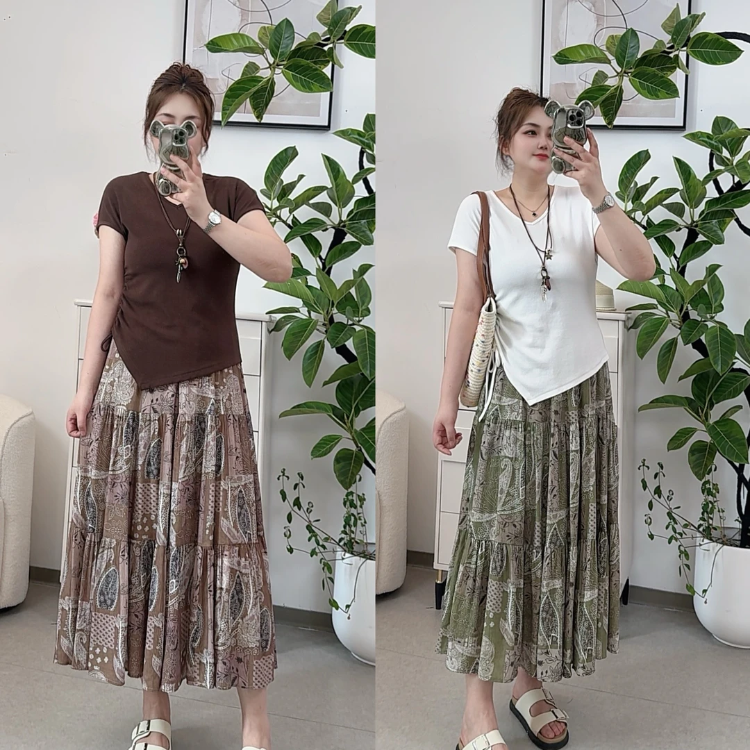 【红袖雨】度假风印花显瘦修身半身裙夏季大码休闲女装中长裙262642