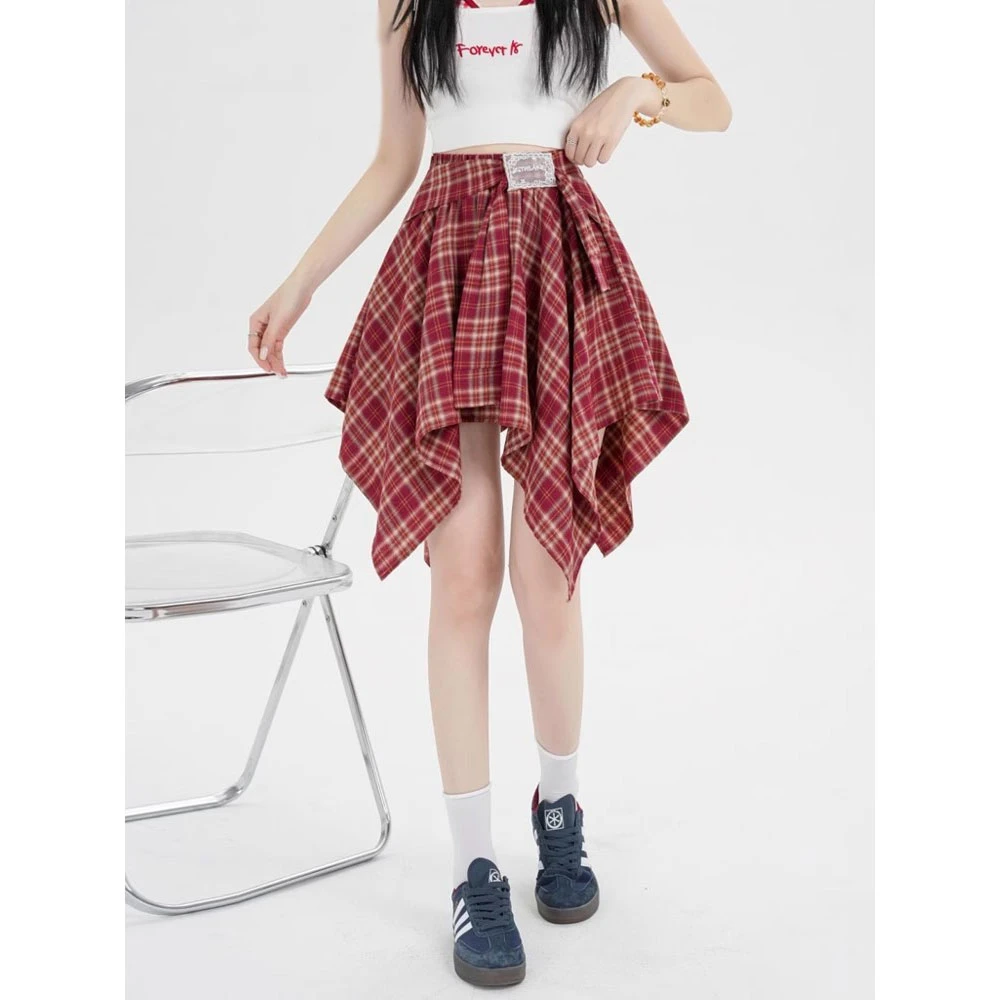 【现货】美式辣妹红色格纹短裙女士不规则半身裙2025夏季新款百搭裙