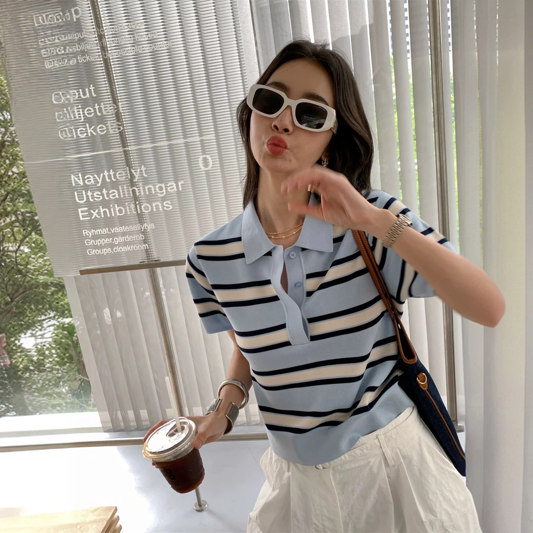 【100莱赛尔天丝】XZA74清新甜美撞色条纹Polo领天丝短袖气质打底衫