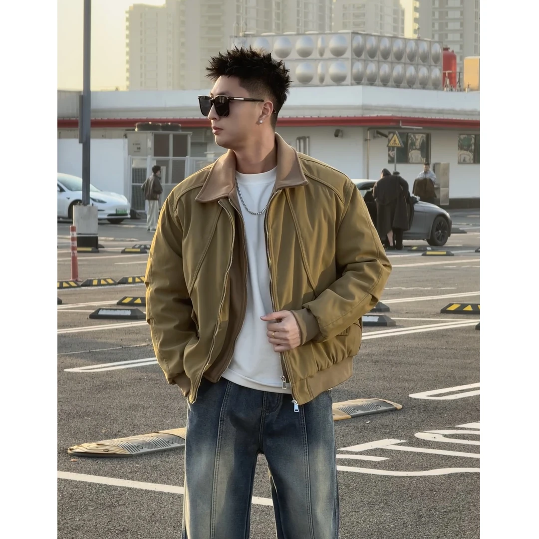 Aye冬季假两件针织拼接翻领棉衣外套棉服户外休闲百搭