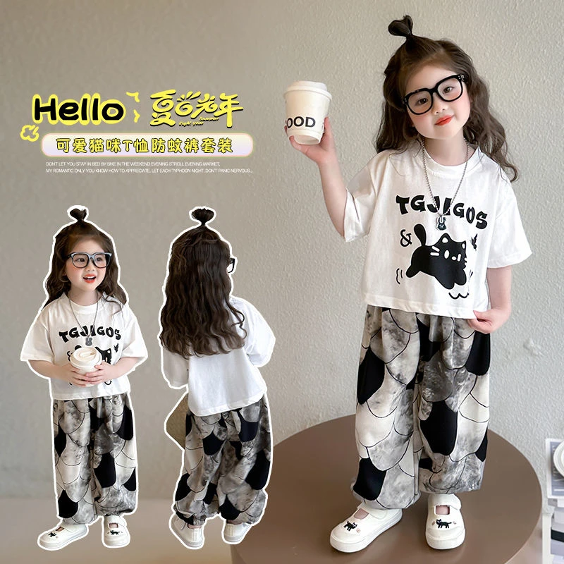 女童卡通动漫港风夏季套装女孩子洋气薄款韩版童装运动休闲防蚊裤