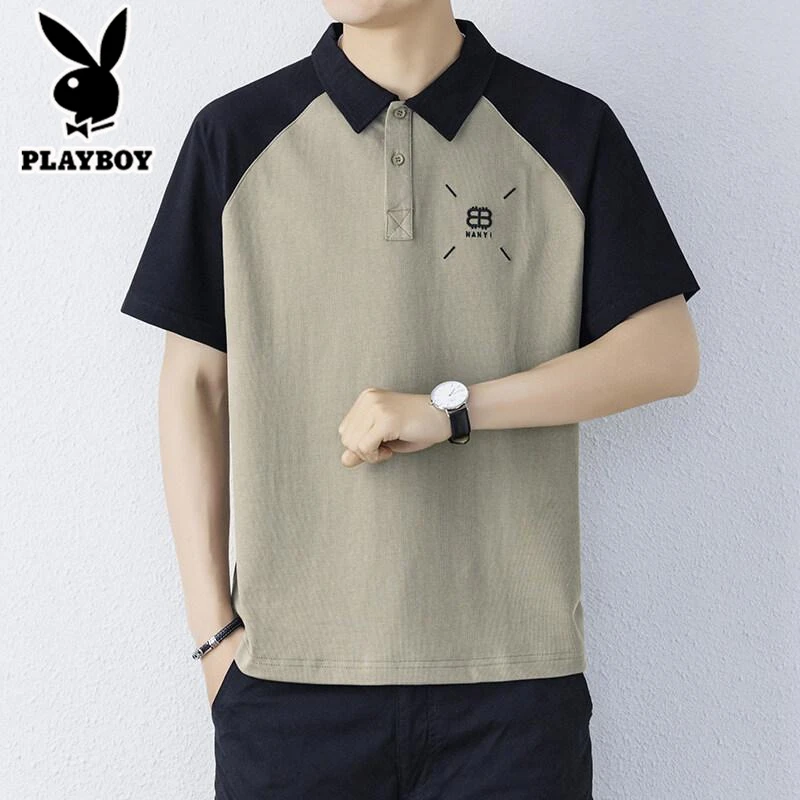 花花公子polo衫男士短袖t恤2025年夏季潮牌撞色拼接翻领半袖体恤T
