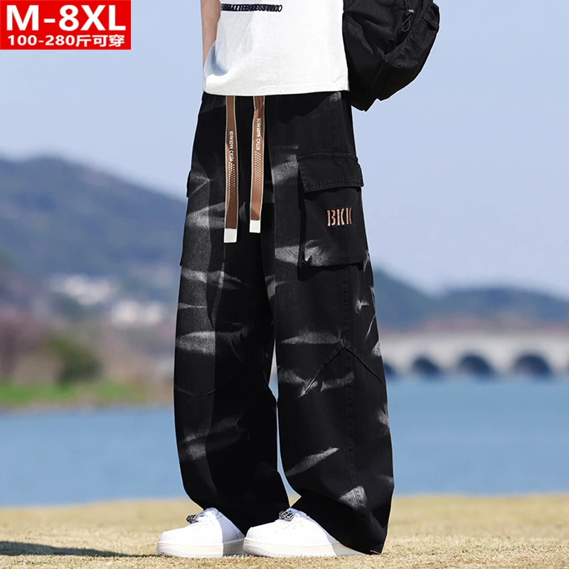 春秋港风潮男装时尚印花贴袋牛仔裤胖大码加肥宽松阔腿休闲直筒裤