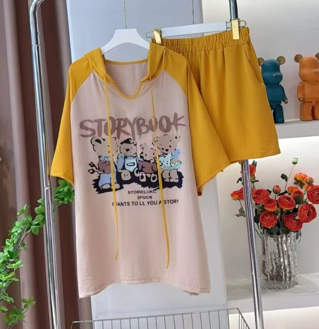 Phm减龄麻料插肩连帽小衫阔腿短裤套装SFY 9199