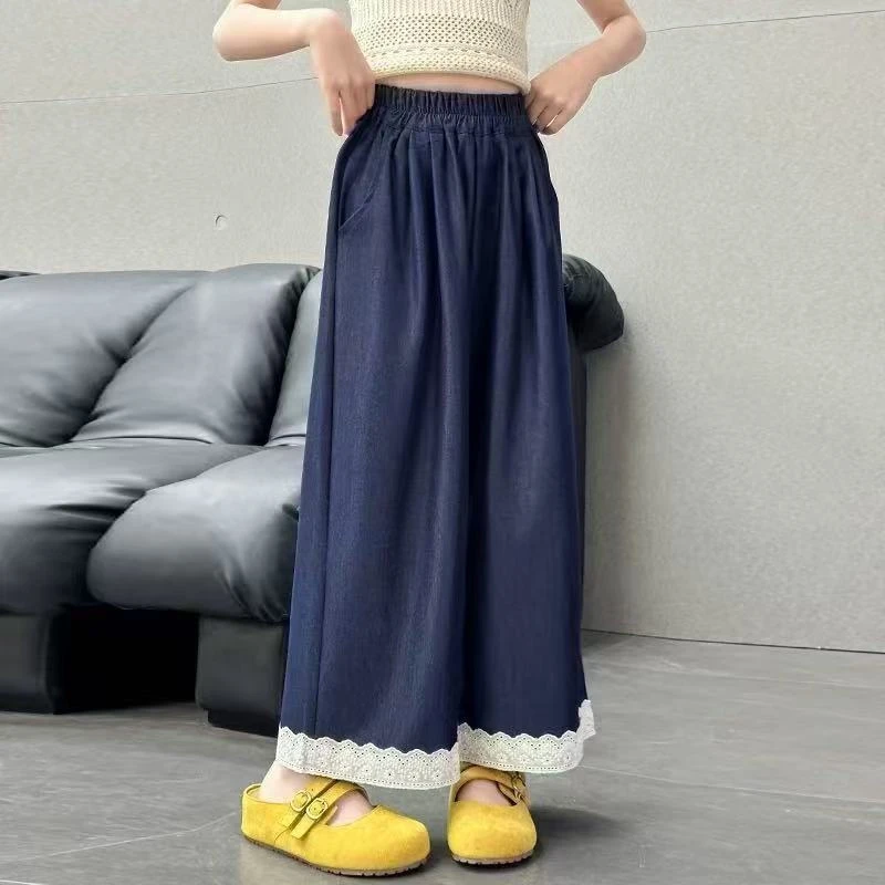 女童薄款牛仔裤花边2025蕾丝夏装儿童阔腿裤女孩夏季中大童