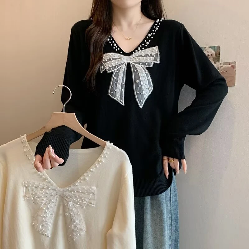 微胖大码女装V领柔软针织衫立体蝴蝶结钉珠小香风洋气显瘦上衣
