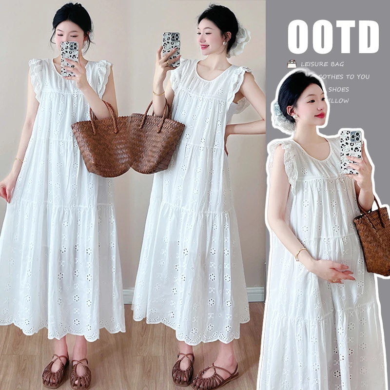 时髦孕妇装新款夏季法式甜美大码显瘦气质款时尚小飞袖白色连衣裙
