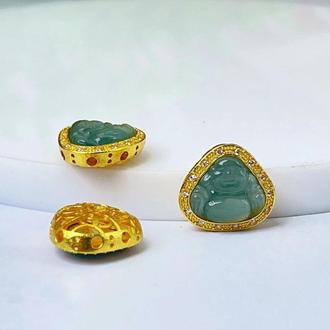 【萌宝饰品】B577天然蓝水翡翠佛公镶钻三角古法DIY配件约宽12*13mm