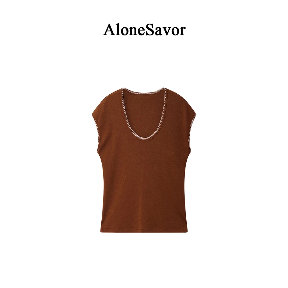 【ALONE SAVOR】龍喜儿 细节控 U领棕色无袖背心T恤Z148