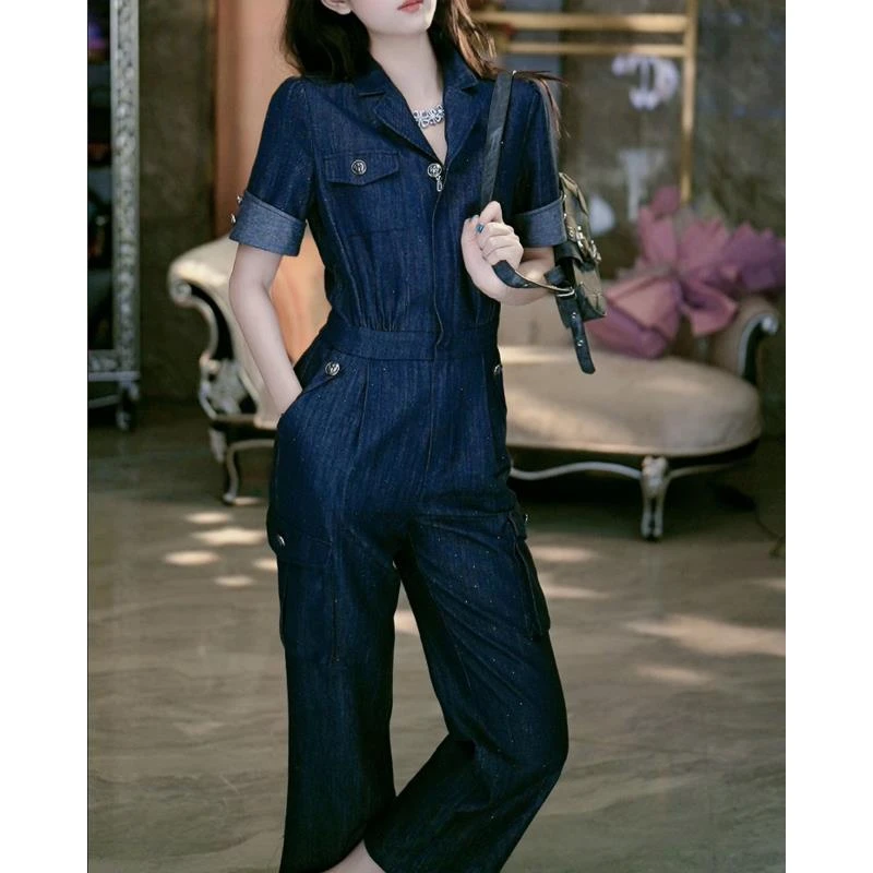 4-16【伦敦港】时尚休闲高腰气质设计感牛仔连体裤