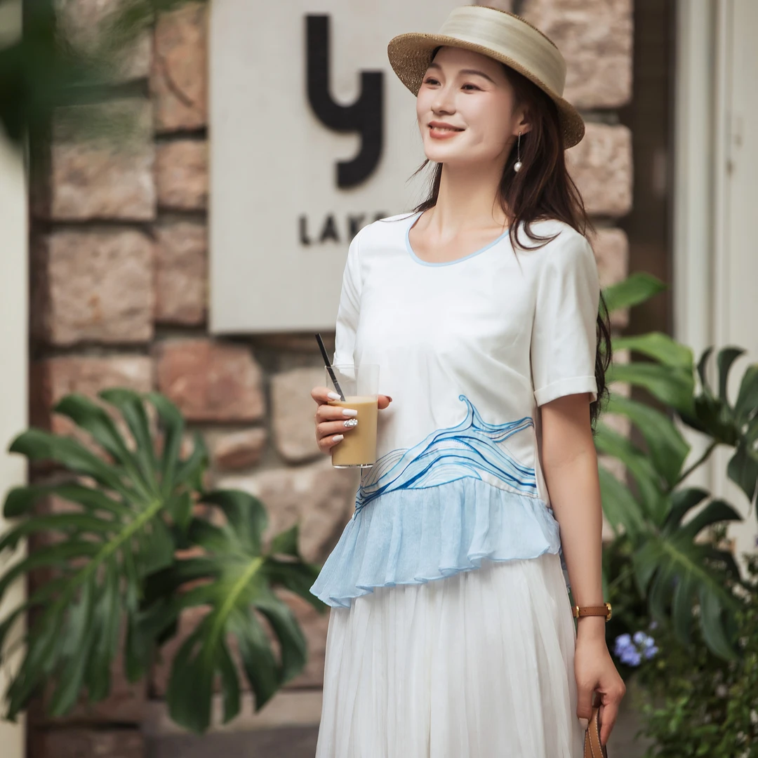 生活在左2025春夏新款蓝色海浪T恤N1953213