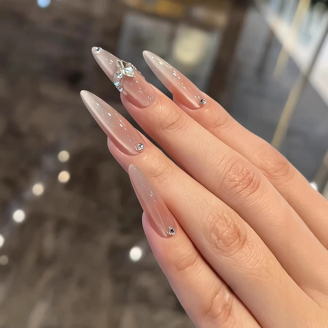 气质显白长款玻璃珠猫眼美甲纯手工穿戴甲精品美甲贴片成品假指甲