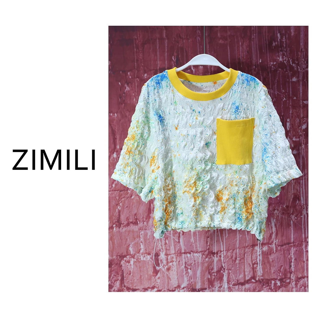 【LIANG哥女装】2025夏《明亮与个性》轻薄爽肤米黄色晕染短T恤7385