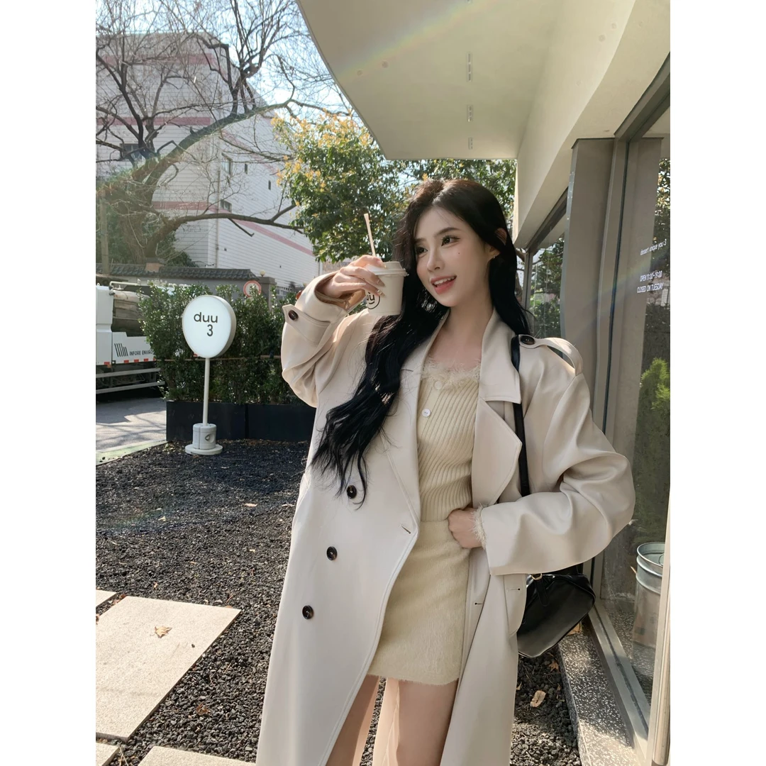 【城市漫步】UM家2025秋新款白色长款韩版气质H型双排扣风衣外套女
