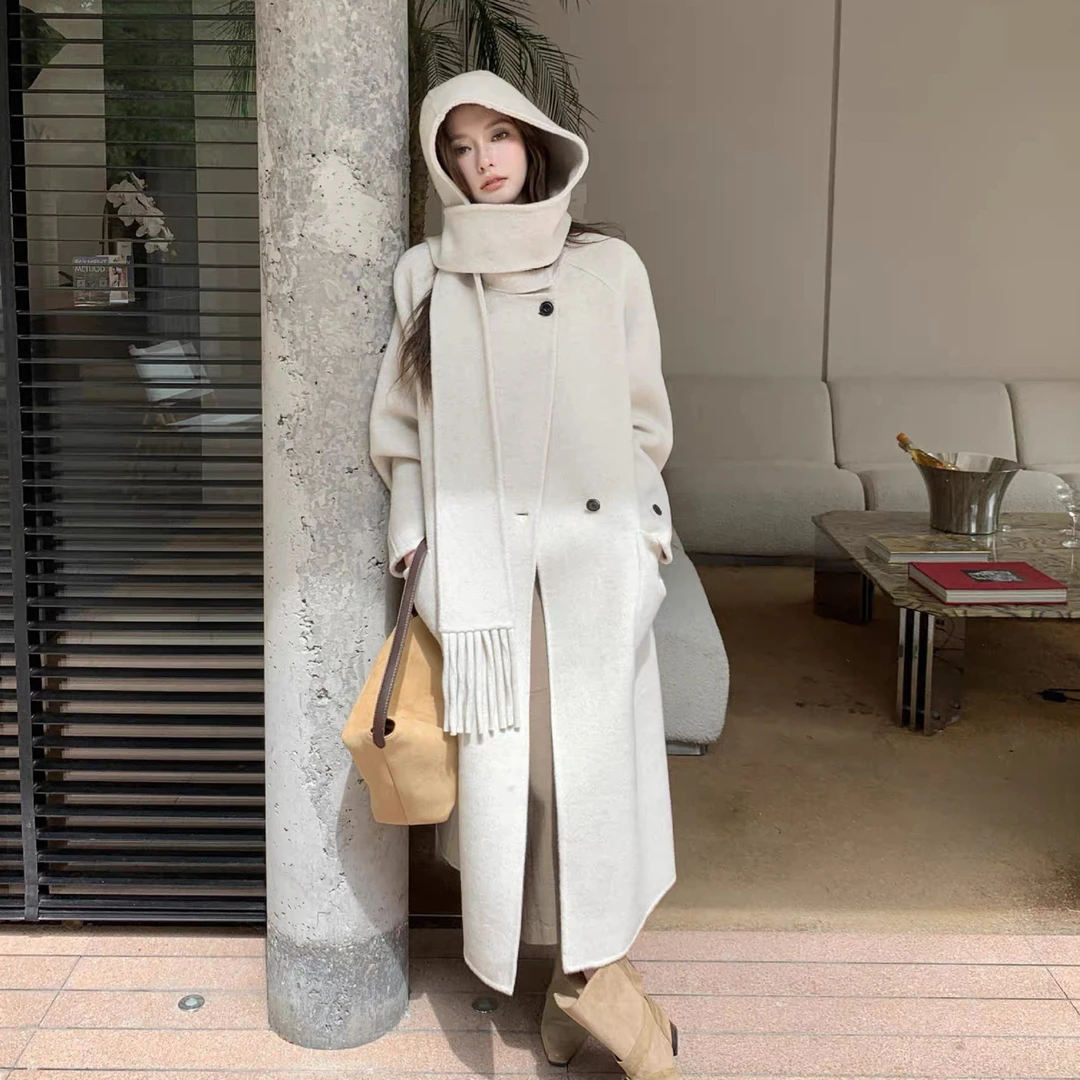 气质款纯色双面羊毛大衣女流苏围巾帽气质长款羊毛外套秋冬新款