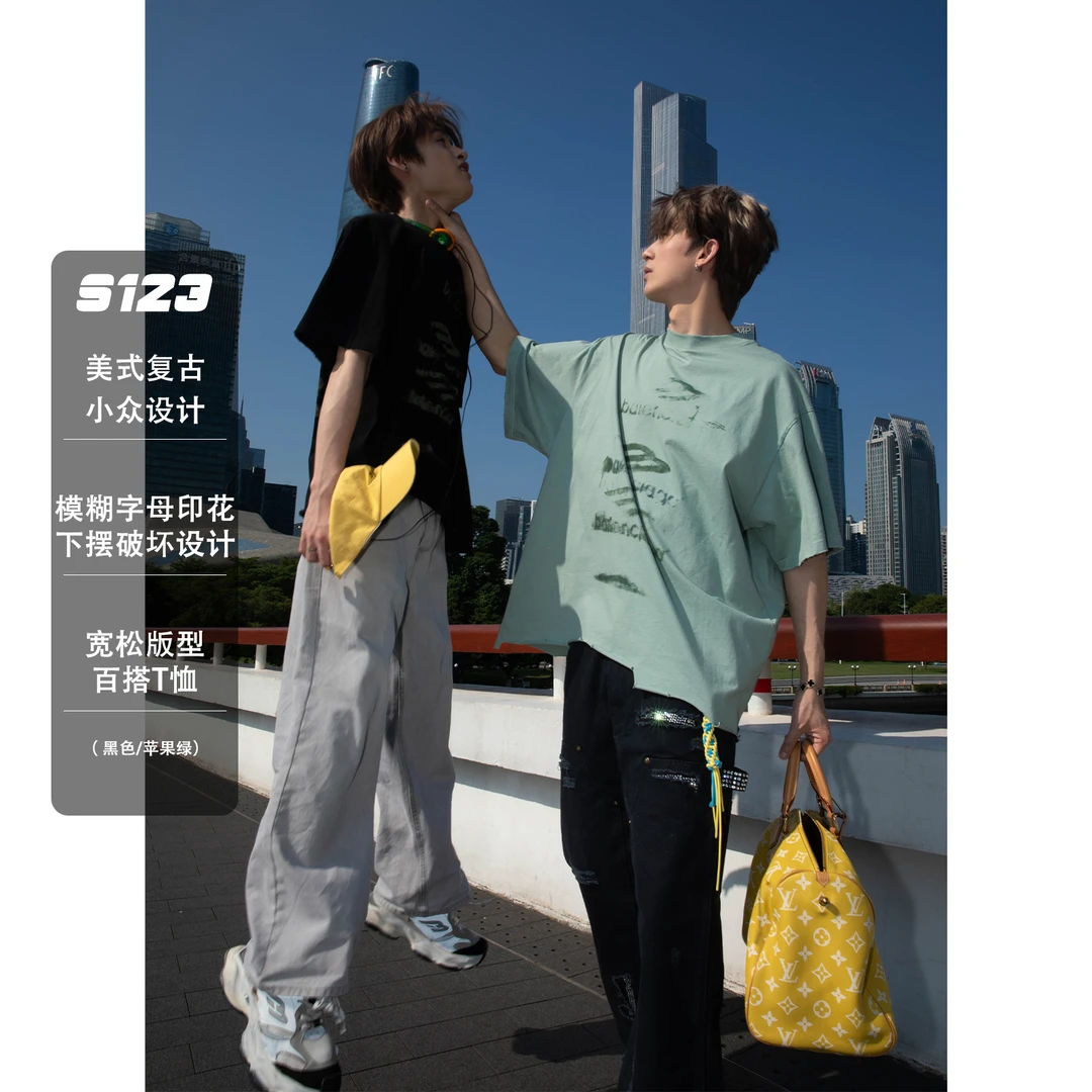 S123【巴黎原版开发】25SS重影系列新品下摆破坏割破圆领短袖T恤男